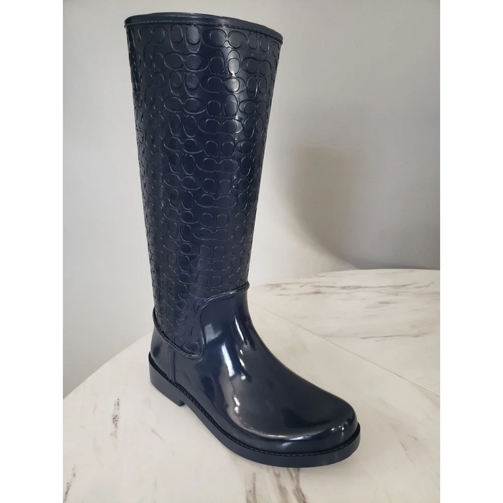 NEW‎ SZ 7 Coach Tudor Rainboots in NAVY BLUE Womens Signature Embossed TALL